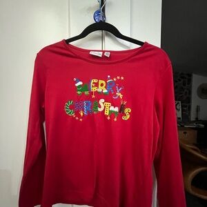 Kim Rogers Red Festive Long Sleeve Tee Merry Christmas embroidered P/L